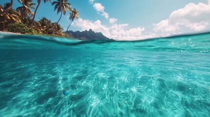 Crystal Clear Tropical Water Under Bright Blue Sky with Lush Palm Trees and Majestic Mountains in Background
