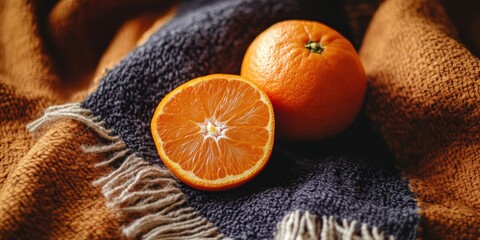 Vibrant orange fruit still life on cozy warm blanket showcasing contrasting textures and colors close up