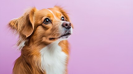 Fototapeta premium Playful brown dog with soulful eyes patiently waits for delicious food against a charming pastel purple backdrop, creating a heartwarming and adorable scene.