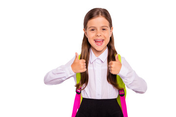 Close-up portrait of her she nice attractive charming lovely smart clever cheerful cheery optimistic pre-teen girl nerd showing double thumbup advert advice isolated over light white grey background