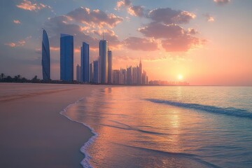 Sunset over calm ocean waves with sandy beach in foreground and modern skyscrapers lining the coastline under partly cloudy sky