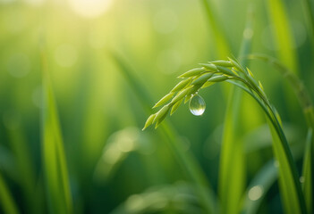 Close-up of a Water Droplet Adhering to Fresh Green Rice Paddy