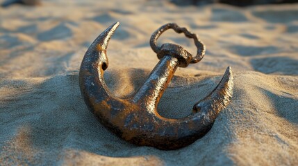 Rusty anchor on sandy beach at sunset, ocean background; nautical concept