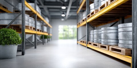 Obraz premium Industrial Warehouse Interior with Yellow Shelving and Grey Cylindrical Items