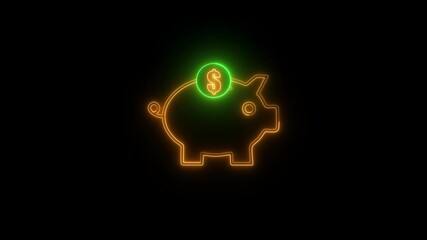 Glowing looping icon pig piggy bank and dollar coin neon effect, black background. money and idea enter inside piggy bank Seamless Loop with alpha channel use 40 frames looped to create 
