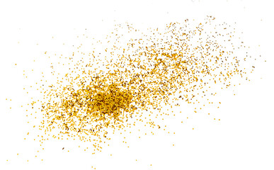 Gold glitter confetti, Sparkling Golden dust particles. Gold sparkles with glowing golden particles, a graphic overlay element isolated on a transparent background