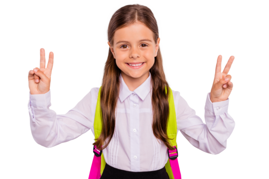 Close-up portrait of her she nice attractive winsome lovely cheerful cheery optimistic pre-teen girl nerd showing double v-sign isolated over light white grey background