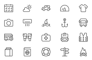 Adventure line icon set. Containing hike, campfire, snorkeling, climbing, travel and camping icons. Editable Stroke icon collection Outline icon