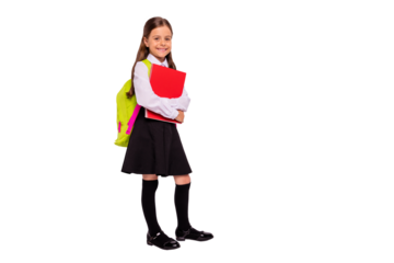 Full length body size view portrait of her she nice attractive lovely cheerful cheery pre-teen girl holding in hands exercise book isolated over light white grey background