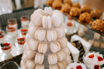 Elegant display of macarons and desserts at a festive event in a modern venue