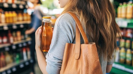 Young woman holding drink bottle in grocery store aisle with colorful beverages