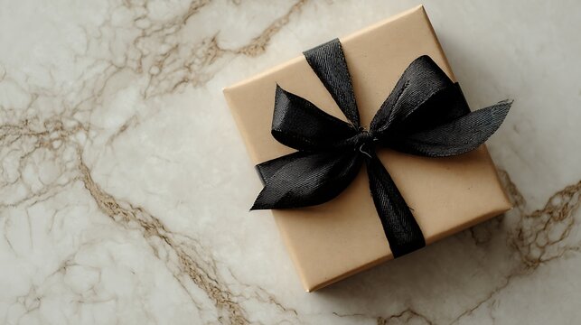 Tan Gift Box with Black Ribbon and Tag on Marble Background .