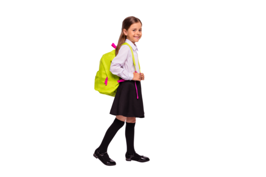 Full length body size profile side view portrait of her she nice attractive cheerful cheery pre-teen girl going walking back to school isolated over light white grey background