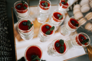 Colorful dessert shots with fruit toppings at a stylish event banquet table