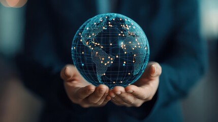 Businessperson Holding a 3D Digital Globe with Network Connections Representing Global Communication and Technology