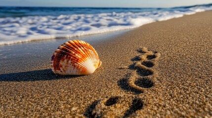 Seashell on Beach with Footprints Facing Soft Waves and Blue Sky Peaceful Tranquil Scene