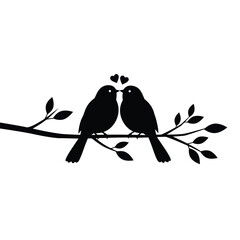 Birds Couple Silhouette on Branch Vector, Birds in love Silhouette, Wall Decals, Couple of Birds in Love, Art Decoration, Wall Decor, Birds Silhouette on branch isolated on white background, romantic