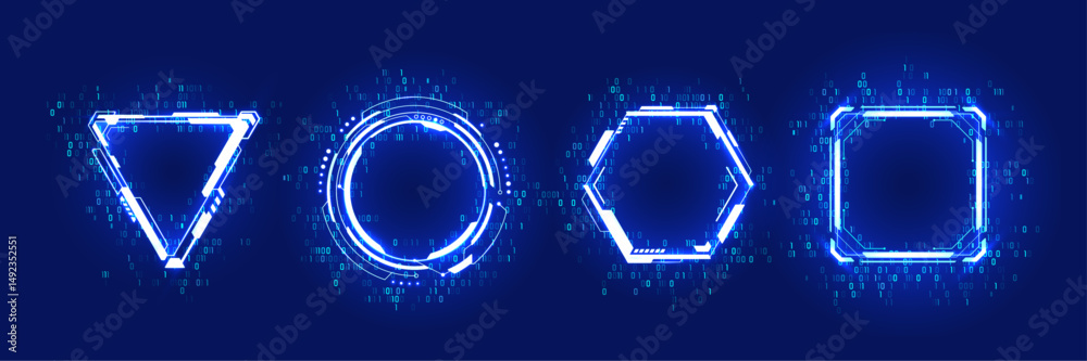 Aufkleber Abstract technology HUD elements or neon portals in futuristic geometric forms. Binary code and light neon frames with tech design elements. UX game signs. AI game concept. Vector illustrations