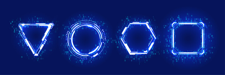 Abstract technology HUD elements or neon portals in futuristic geometric forms. Binary code and light neon frames with tech design elements. UX game signs. AI game concept. Vector illustrations