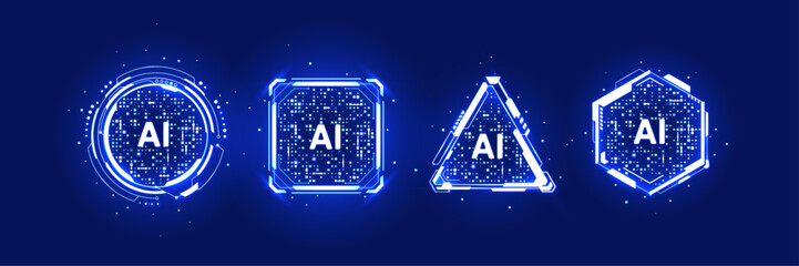 Neon AI portals. Abstract set of neon light blue portals or AI HUD futuristic tech frames. Technology dark background. Game design, or UI and UX interface elements. Digital vector illustration.