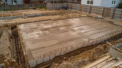 Construction site with freshly poured concrete foundation and wooden forms