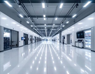 Fototapeta premium Modern technology facility corridor with bright lighting and polished floors