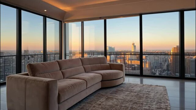 Cozy modern living room with comfy sofa and large glass window evening view. 