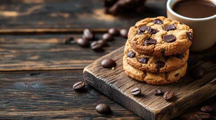 Fototapeta premium Chocolate chip cookies coffee wood background breakfast
