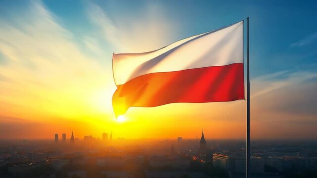 Waving flag of poland on sunny day high in the blue sky during beautiful sunset with urban background at the horizon 4K AI generative video