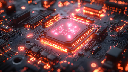 Obraz premium Glowing Circuit Board with Central Processor Unit 3D Illustration