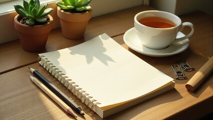 Notepad With Tea And Succulent Plants