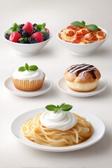 Mouthwatering Food Assortment Fresh Berries, Creamy Pasta, and Sweet Baked Goods