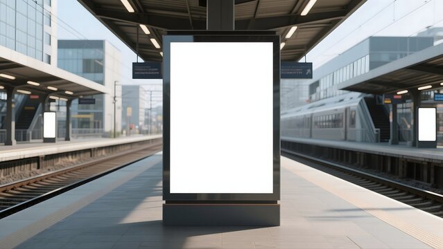 a blank billboard on a train station platform