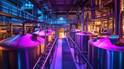 Industrial brewing facility with colorful lighting and large equipment