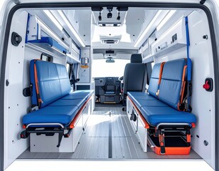 Modern ambulance interior with emergency equipment and patient seats