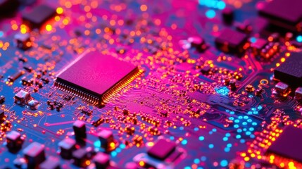 Close up view of a colorful circuit board with microchips and led lights