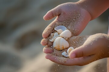 Child's hands holding seashells and sand on the beach.