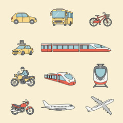 Transportation icon set – line style travel and commute symbols: car, bus, bicycle, train, motorcycle, airplane 
