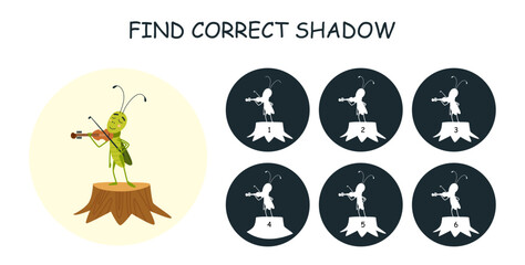 Find correct grasshopper shadow. Educational children game for preschool or kindergarten for attention development. Cartoon musician insect character, vector template
