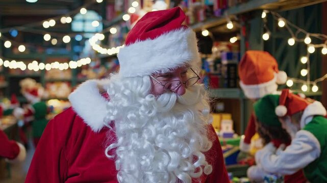 Santa Claus cheerfully overseeing elf workers crafting presents inside festive holiday workshop, preparing magical Christmas gifts with traditional seasonal joy