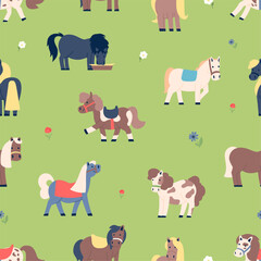 Funny flat pony on green meadow seamless pattern. Childish farm or market animals. Print for wallpaper fabric web design, vector background
