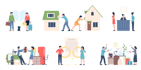 Divorce scenes. Property division, home, furniture, dividing dog. Court and lawyer, couple divorcing and marriage conflict situations, recent vector set