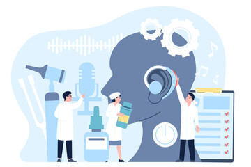 Deafness and hearing loss. Medical appointment for hear problems. Audiologist or otolaryngology, deaf people treatment and aid, recent vector concept