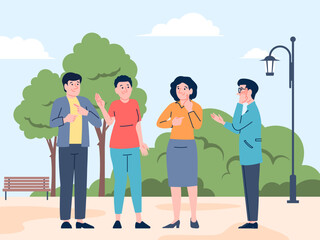 Deaf people talking. Male female communicate with sign language. Social adaptation and inclusive, deafness characters in dialogue, recent vector scene