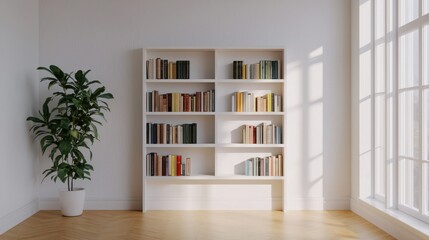 Fototapeta premium Cozy and Bright Modern Living Room with White Bookshelf and Green Plant in Sunlit Space