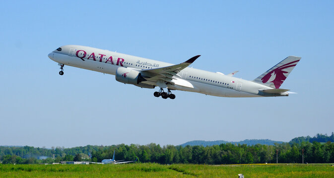 Qatar Airways Airbus A350 941 take off from Zurich Airport, ZRH, Zurich, Switzerland