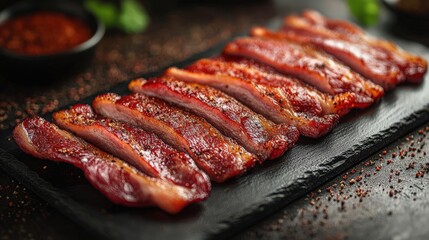 Deliciously cooked slices of barbecue meat on a dark slate serving board