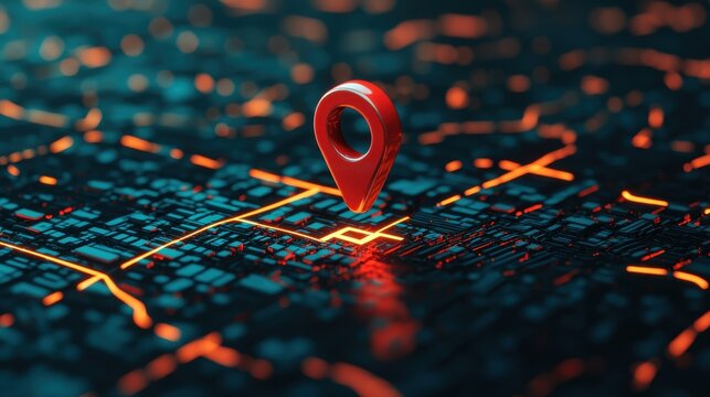 Red location pin on digital city map with glowing lines representing streets and connectivity in a modern design