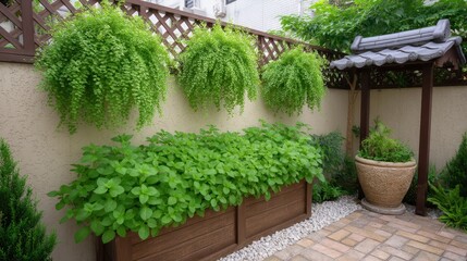 Fototapeta premium Tranquil Courtyard Garden with Lush Green Herbs and Hanging Plants