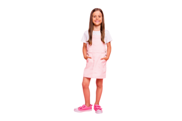 Full body photo of little lady brown hair holidays leisure time hands pockets wear rose sun dress t-shirt isolated pink background